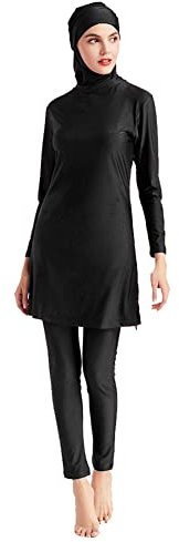 Burkini Swimwear for Ladies UK Muslim Swimming Costume Women Long Sleeve Modest Swimsuit Islamic Tops + Swim Leggings Pants + Hijab 3 Piece UV Protection Full Body Bathing Suit Black S