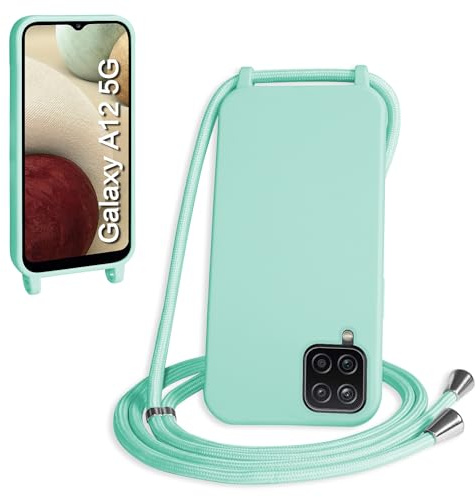 WenBaby Coque avec Cordon pour Samsung Galaxy A12,Collier pour Étui bandoulière Colliers de cellulaire Mince Antichoc Réglable Lanyard Silicone Case,Vert Clair