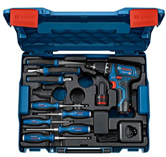 Bosch Professional 12V System Kit Gsr 12V-15 + Utensili Manuali (Incl. 2 Batterie da 2.0 Ah, Caricabatteria Gal 12V-20, 8 Utensili Manuali, in L-Boxx)