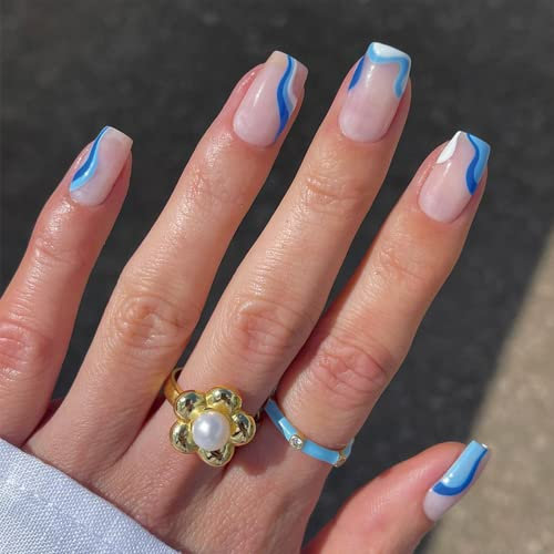 24pcs French False Nails Short - Almond Square Press on Nails - Full Cover Acrylic False Nails With Glue - French Fake Nails Stick on Nails for Women and Girls Nail Art (Blue Stripe)