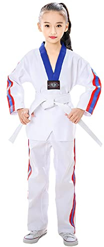 Amur Leopard Uniforme de Taekwondo Niñas con Cinturón Traje de Taekwondo Profesional para Karate Judo Entrenamiento, Cuello Azul, 140/10-11 Años