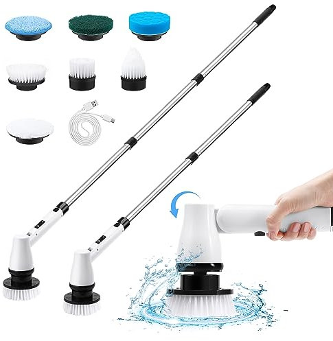 icyant 54inch elektrischer Spin Scrubber, elektrische Reinigungsbürste, kabelloser Power-Schrubber mit 7 Ersatzbürstenköpfen & verstellbarem Griff, 2 Drehgeschwindigkeiten, für Fliesen, Wanne
