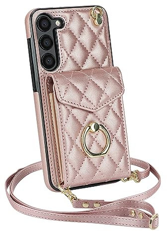 QLTYPRI Handyhülle für Samsung Galaxy S23 Hülle mit Band, Mikrofaser Leder Handykette Case mit Kartenfach Ringständer RFID Schutzhülle Lederhülle Tasche Etui für Samsung Galaxy S23 - Roségold