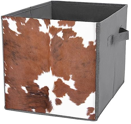 Kuhfell-Würfel-Aufbewahrungsbehälter, 11 x 11, zusammenklappbare Aufbewahrungsbehälter, braun und weiß, lustiger Würfel-Aufbewahrungsbehälter, Stoff-Aufbewahrungswürfel, Organizer mit Griffen, Aufbew