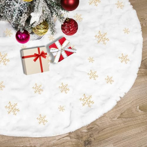 CaiTang Jupe pour Sapin de Noël, Jupe de Sapin de Noël Blanche, Jupe Sapin de Noël Or Flocon de Neige, Décoration Cache Pied au Bout de Sapin, Tapis Sapin Noel pour Arbre de Noël Décorations, Or 90cm