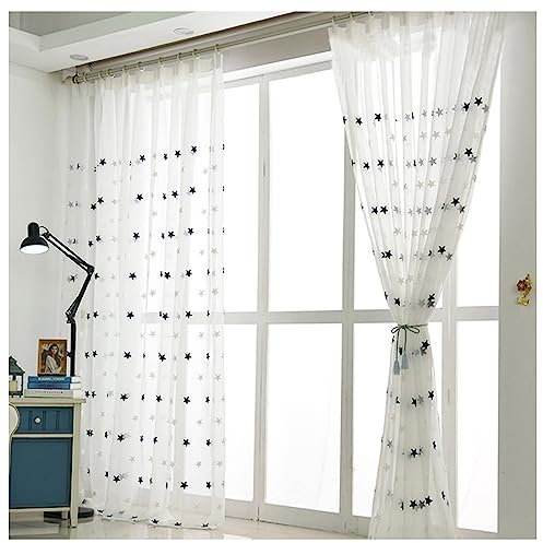 KnSam Blau Voile Vorhangschals mit Kräuselband, Stern Transparente Schlaufen Gardinen aus Voile Polyester, 140x215CM(BxH)