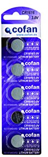 Cofan Pila de botón CR1616 | Voltaje de 3 V - Litio| Blíster de 5 Pilas