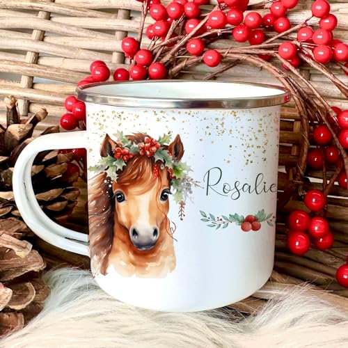Kinder Emaille Tasse Weihnachten für Mädchen, Jungen, Teenager mit Namen Tiermotiv Weihnachtstasse I Personalisierte Geschenkidee Nikolaus Weihnachtsgeschenk Mitbringsel (Motiv Pferd)