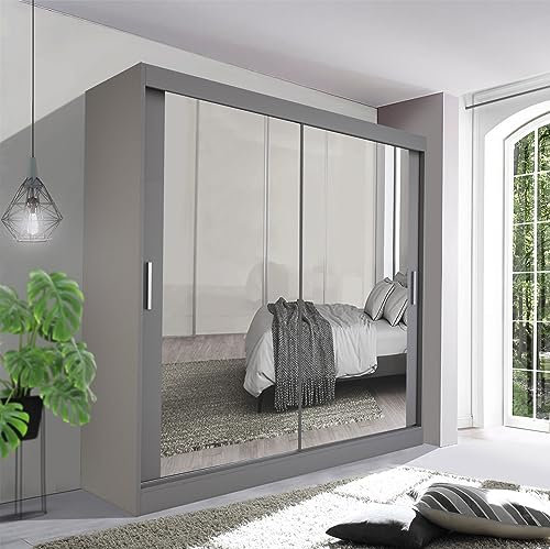 German Sliding Wardrobe Spacious Bedroom Sliding Wardrobe - Sleek and Functional Design comes in White/Grey/Black/Oak and Width 100cm/120cm/150cm/180cm/203cm/250cm (Grey, 203cm)