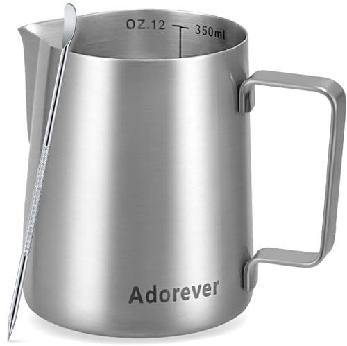 Adorever Milk Frothing Pitcher, 12oz Stainless Steel Milk Frother Cup Steaming Pitcher, Cappuccino Espresso Accessories Coffee Bar Barista Tools, Steamer Cup Milk Jug with Latte Art Pen, Matte Steel