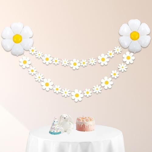 SwirlColor Daisy Party Dekorationen, 2Pcs Nette Daisy Banner und 2Pcs Folie Daisy Balloons Daisy Girland Balloon Kit für Baby Dusche Geburtstag Kindergarten Party Zubehör