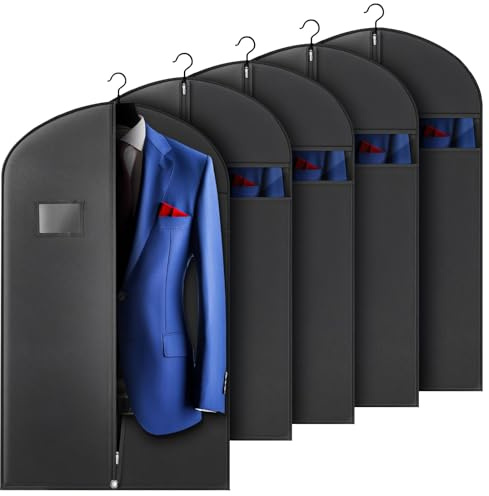 Hleelomi 5 Pack 40-inch Suit Bag Garment Bag for Travel and Storage, Garment Bags for Hanging Clothes with Zipper and Visible Transparent Window, Black