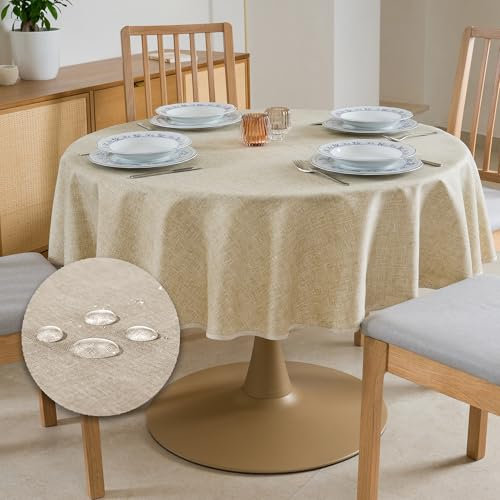Tischdecke Outdoor Abwaschbar Rund Φ160cm Beige Durchmesser Gartentischdecke Tischdecken Wetterfest Wachstuchtischdecke Table Cloth Made in Italy für Den Außenbereich Tischtuch