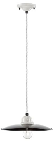 Licht-Erlebnisse Hängelampe Schwarz Weiß rund Ø 25 cm klein Keramik Metall Vintage E27 Pendelleuchte Küche Hängeleuchte Esszimmer