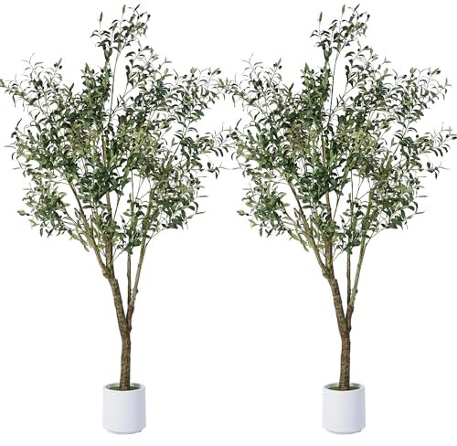 Jocoevol Artificial Olive Tree 7FT, Indoor Fake Silk Plant with Realistic Trunk, Leaves, Fruits and White Planter, Faux Potted Tree for Home Decor and Housewarming Gift, 2 Pack