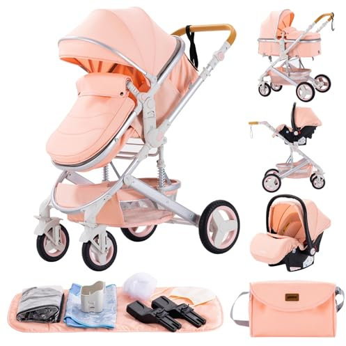 GLOKID Poussette 3 en 1, Poussettes Combinée Portable Pliant en Un Clic,Poussette Canne Poignée Réglable en Hauteur, Poussettes Combinée Paysage Haut Cadre en Aluminium (530 ROSE)