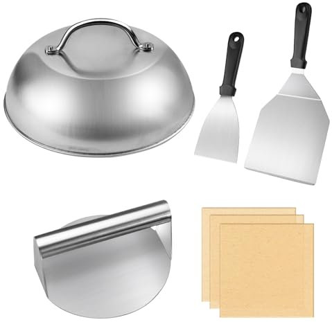 Smash Burger Set - Burger Smasher Set mit Burgerpresse, Pfannenwender, Burgerglocken, Burgerpapier, Grill BBQ Plancha Zubehör für Leckere Hamburger, Patties, Speck, Steak, für Outdoor und Indoor