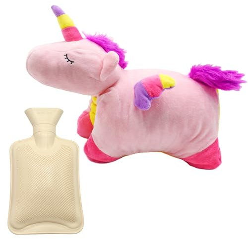 Cyiecweu Wärmflasche mit Bezug Fluffy Tier, 1L Abnehmbar und Waschbar Einhorn Wärmflasche Kuscheltier zur Behandlung von Schmerzen Fieber, Plüsch Handwärmer für Kinder, Unicorn, Bauch, Rücken