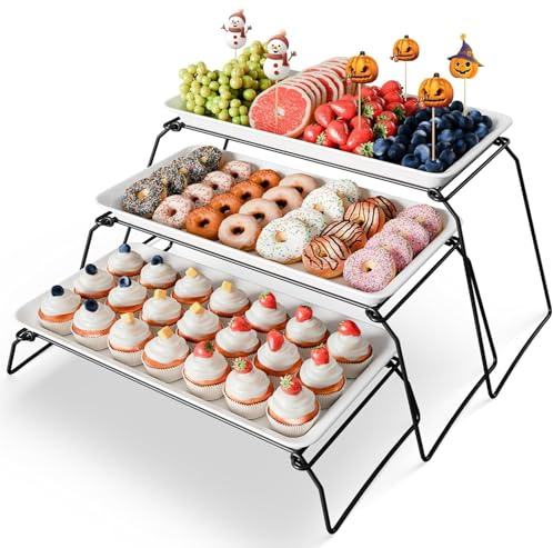 Extra Large 3-Tier Melamine Serving Tray Set and Cupcake Stand for Party Events, 43cm Platters with Tiered Stand, Holds 63 Cupcakes, Food, Dessert, and Fruit – Black
