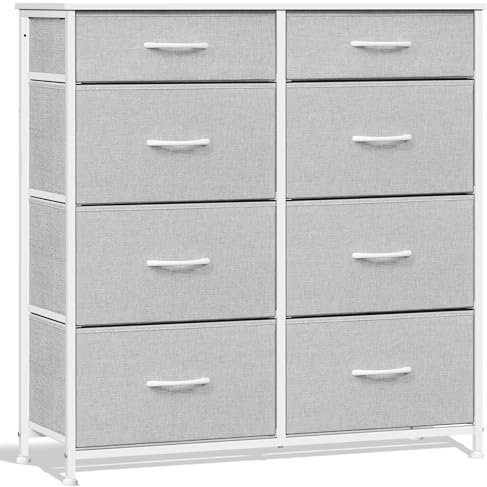 WOLTU Kommode mit 8 Stoffschubladen, Kommodenschrank Sideboard Schubladenschrank, für Schlafzimmer Wohnzimmer Flur, aus Metallrahmen Holzwerkstoff, Hellgrau+Weiß