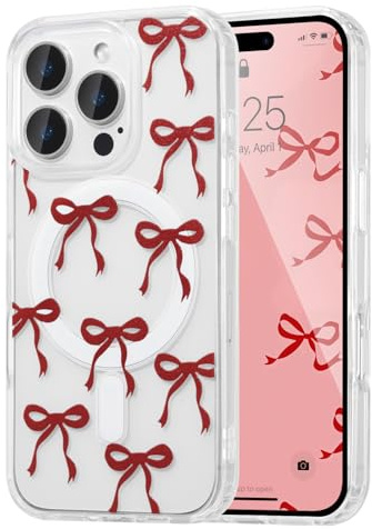 UEEBAI Magnetic for iPhone 15 Pro Case, Bow Case Compatible with MagSafe, Wireless Slim Clear Ribbon Aesthetic Phone Cover Anti-Yellowing Shockproof Protective Cover for Women Girl - Burgundy