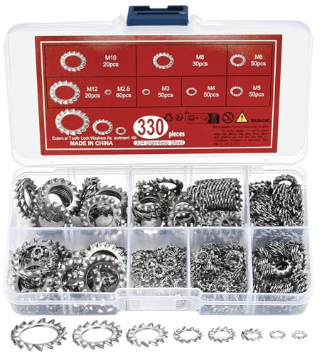 Juego de arandelas de seguridad de 330 unidades, arandelas de sujeción de dientes interiores, arandelas de acero inoxidable, arandelas dentadas, anillo de sujeción surtido, M2.5 M3 M4 M5 M6 M8 M10 M12