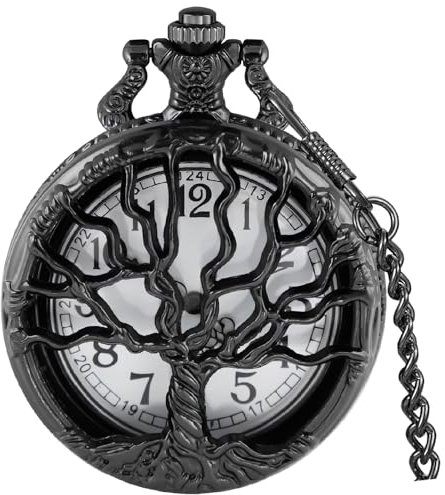 Tiong Taschenuhr, hohl, Lebensbaum-Design, römische/arabische Ziffern, Quarz, Taschenuhren mit Kettenanhänger für Männer und Frauen, 48-Schwarz-A, Klassisch