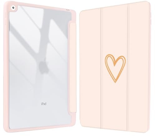 Vozehui 10.2 inch Cute Case for iPad 9th/8th/7th Generation Case Pink with Clear Back Shell w/Pencil Holder,Tri-fold Stand Protective Cover w/Auto Sleep Wake for 10.2 inch 2021/2020/2019 Heart