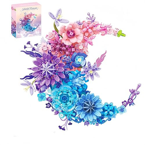 Moon Flower Brick Building Set for Adults - 977pcs Creative Wall Art Block Kit - Compatible with Lego, Unique Gift for Her/Him, Botanical Collection DIY Craft Kit (Pink Moon Flower)