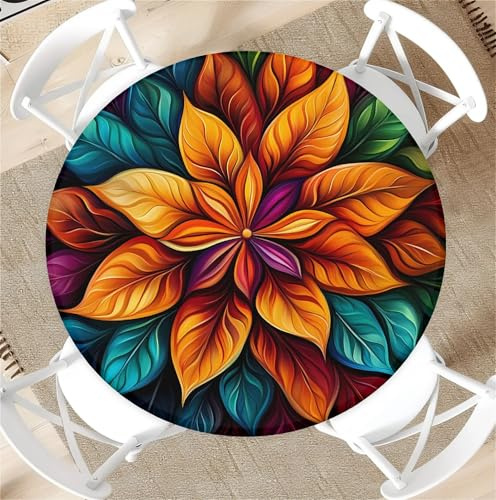 Outdoor Runde Tischdecke mit Gummizug Ø 52in(130cm)- Elastisch Garten tischdecke mitMandala-Blumen Muster Passend für 115-125cm