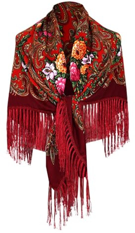 Caxndycing Halstuch mit Traditionellem Ukrainischem Polnischem Russischem Blumenmuster und Fransen Elegante Halstuch Schal Lady Quaste Blumendruck Baumwolle Kopftuch Wraps