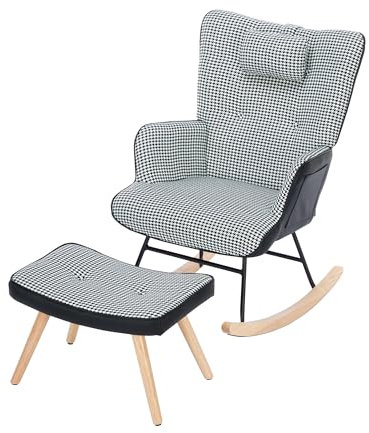 Chippendale Muster Schaukelstuhl mit Fußstütze und Kopfstütze Ergonomischer Wohnzimmer Sessel mit hoher Rückenlehne Gepolstertem Sitzkissen und Seitentasche Kariert Schlafzimmer Loungesessel