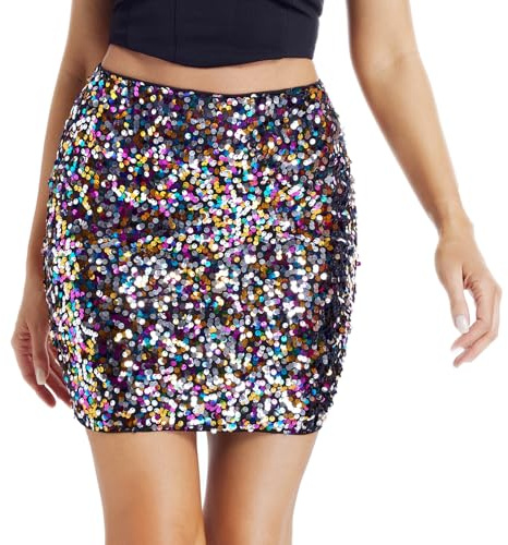 Paillettenrock Damen Glitzer Rock Kurz Sexy Minirock Elastische Taille Hüftrock für Party Disco Outfit Karneval Silvester