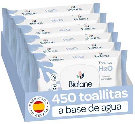 Biolane - Lingettes d'eau H2O pour bébé, 450 lingettes (6 paquets de 75 unités), 99% d'ingrédients naturels, fibres 100% végétales, bébés et nouveau-nés, peau sensible, fabriquées en Espagne