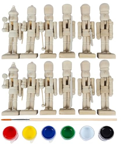 Hperu 12 Stück Nussknacker-Figuren, 12, 7 cm, zum Selbermachen, bemalbar, Nussknacker aus Holz, Weihnachtsdekoration mit Farben und Pinsel für Weihnachts-Kunstprojekte, Ornamente