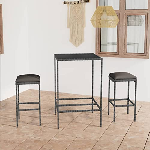 Ziaphsol 3-TLG. Gartenbar-Set mit Kissen, Poly Rattan Grau, 70x70x110cm Stehtisch, Outdoor Möbel für Balkon, Terrasse