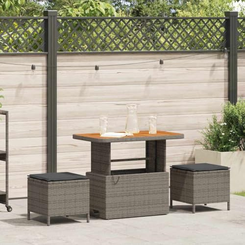 Kaloriko Garten Essgruppe Grau Poly-Rattan mit Akazienholz, 2 Hocker, Kissen, Verstellbar, für Terrasse, Balkon, Outdoor-Möbel, Langlebig & Witterungsbeständig