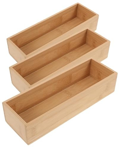 BESPORTBLE Bamboo Storage Box 3 Pack Drawer Storage Box Stackable Desk Organizer Tray Open Top Bamboo Drawer Organizer for Utensils Cosmetics Small Items Kitchen Bathroom Bedroom