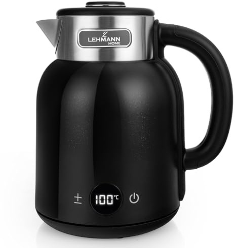 LEHMANN Wasserkocher 1,5L mit Temperatureinstellung 40-100°C, Warmhaltefunktion, LED-Display, Doppelwand, Edelstahl-Innenbehälter, BPA-frei, Abschaltautomatik & Überhitzungsschutz, 2200 W, Schwarz