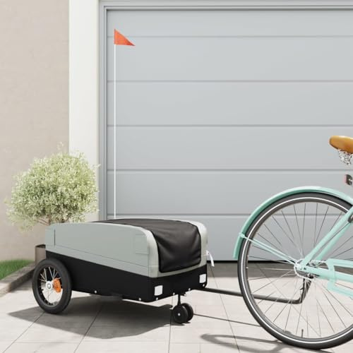 Ordellia Fahrradanhänger schwarz und grau aus Eisen mit Oxford-Gewebe, Lastenanhänger 30 kg, 122 x 53 x 53 cm, Deichsel, Kupplung, Sicherheitsflagge für Gepäck Transport und Einkauf