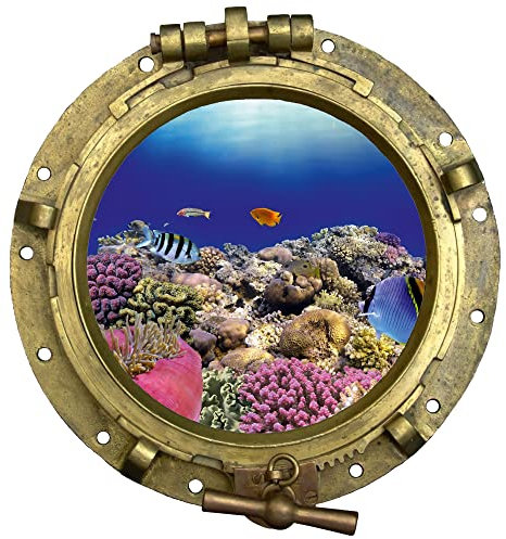 GRAZDesign Wandtattoo Badezimmer Bullauge Korallen Unterwasser | Wandsticker Wandaufkleber Bad, Tür, Fliesenaufkleber Klebefolie Waschmaschine Fliesen | maritime Deko, 43x40cm