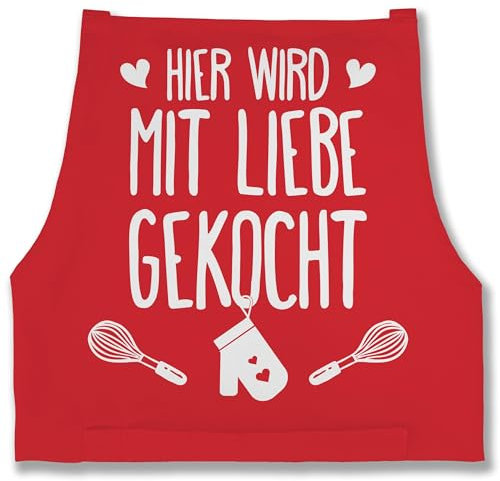 Schürze - Kochschürze - Erwachsene - Hier wird mit Liebe gekocht - 85x69 - Rot - damen schürzen küche küchenschürze koch kocht backschürze lustige geschenke für köche köchin geschenk
