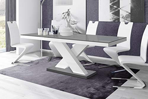 Design Esstisch HE-888 Grau Hochglanz/Weiß Hochglanz ausziehbar 160 cm bis 210 cm Esszimmertisch für bis zu 10 Personen Hochglanz Funktionstisch modern vielseitig Esszimmer erweiterbar zeitlos