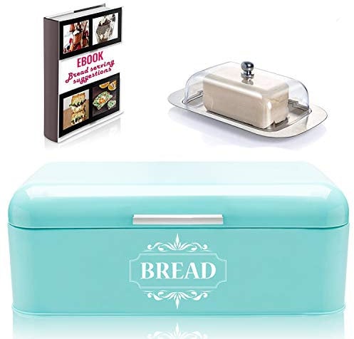 AllGreen Vintage Brotkasten Behälter für Küche Dekor Edelstahl Metall Brotkasten Retro Türkis für Küche Theke Trockenfutter Aufbewahrung inkl. Butterdose & Servieren eBook Store Brotlaib