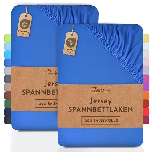 NatureMark 2er Pack Jersey Spannbettlaken, Spannbetttuch 100% Baumwolle in vielen Größen und Farben MARKENQUALITÄT ÖKOTEX Standard 100 | 90 x 200 cm - 100 x 200 cm - royal blau