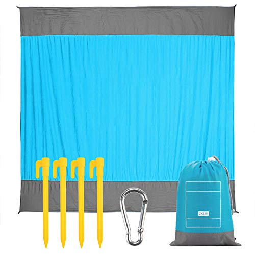 EXTUSD Stranddecke Picknickdecke 210 x 200 cm, Ultraleicht Kompakt Verschleißfest Nylon Strandtuch,Wasserdicht und sandabweisend Campingdecke mit 4 Befestigung Ecken
