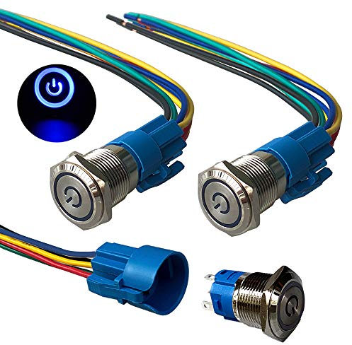 QitinDasen 3Pcs Premium 12V / 24V 5A Interruttore a Pulsante Autobloccante, 19mm Interruttore a Pulsante in Metallo con LED Blu, Interruttore Avviamento Auto in Acciaio Inossidabile impermeabile