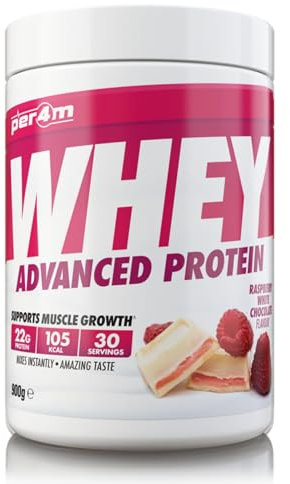 Per4m Protein Whey Powder | 30 Servings of High Protein Shake with Amino Acids | for Optimal Nutrition When Training | Low Sugar Gym Supplements (Raspberry White Chocolate, 900g)