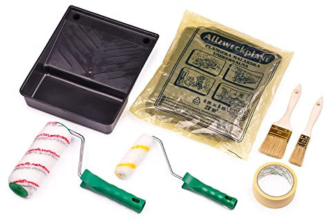Mivos Set da Pittore, 9 pezzi / 2 Rulli da 18 e 11 cm/Pennelli da 50 e 25 mm/Vasca da 28 x 23 cm/Pellicola di Copertura 4 x 5 m/Nastro da Imbianchino 38 mm/Set di Verniciatura per Pareti