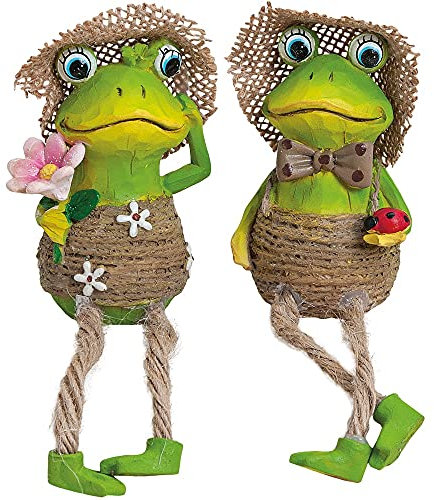 matches21 Frösche Kantenhocker Deko-Figuren Figuren Dekoration Froschfiguren Frau & Mann mit Blume Poly & Sisal 2er sort 7/12 cm